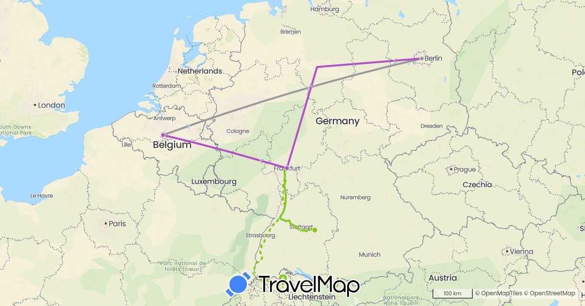 TravelMap itinerary: driving, plane, train, electric vehicle in Belgium, Switzerland, Germany (Europe)
